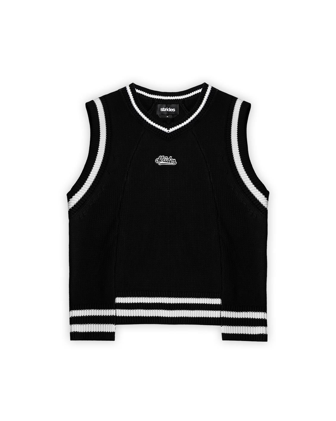 Black sleeveless shirt with white trim on a white background