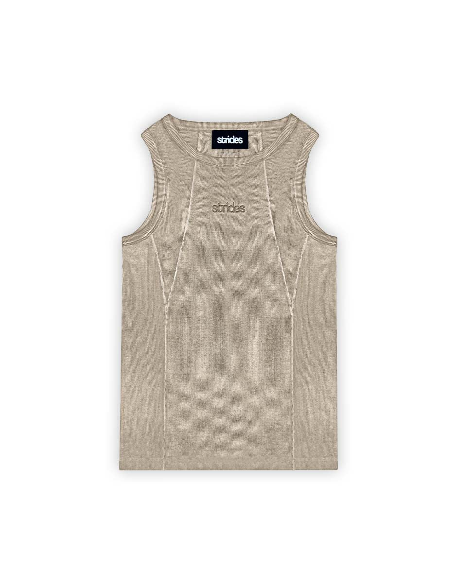Beige sleeveless tank top with logo embroidery and sewing line details.
