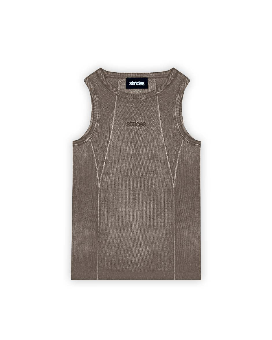 A brown sleeveless tank top with logo embroidery and sewing line details.