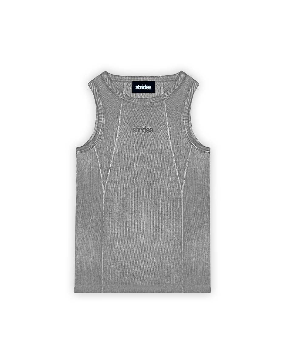 Unisex grey tank top with logo embroidery and oil washing, showing a fine ribb fabric and sewing line details.