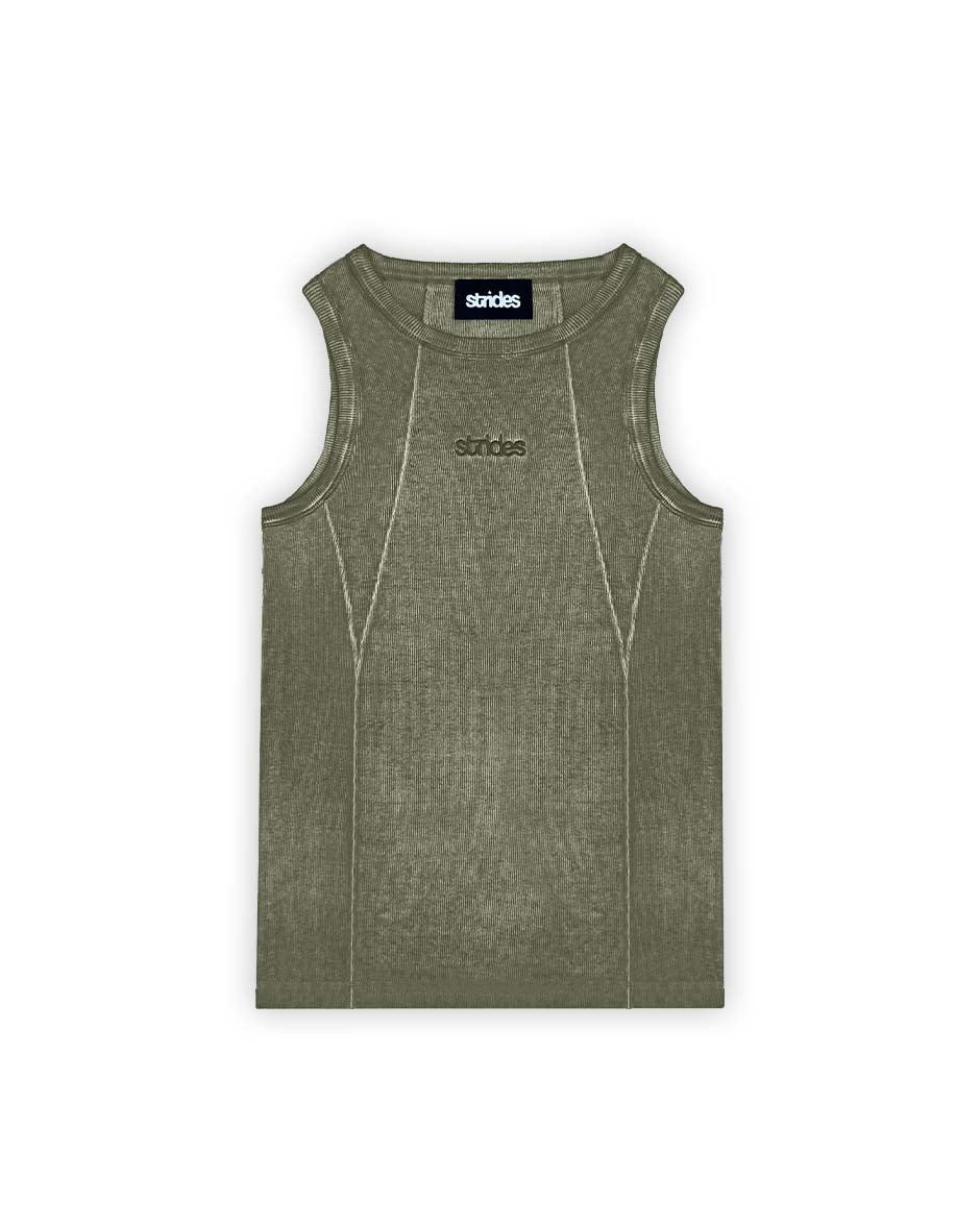 A green sleeveless tank top with logo embroidery on the chest and sewing line details.
