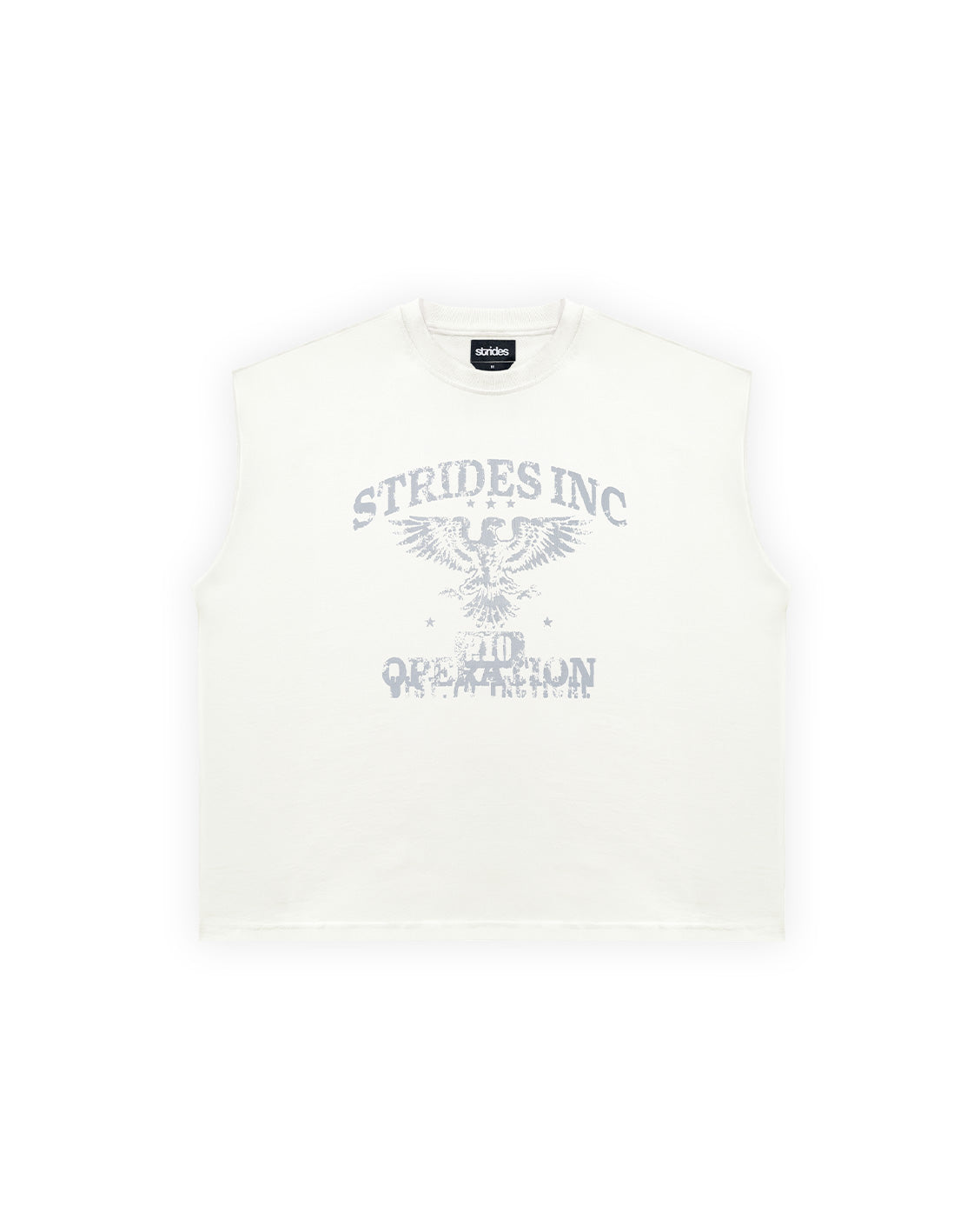 White t-shirt with 'Strides Inc' logo on a white background