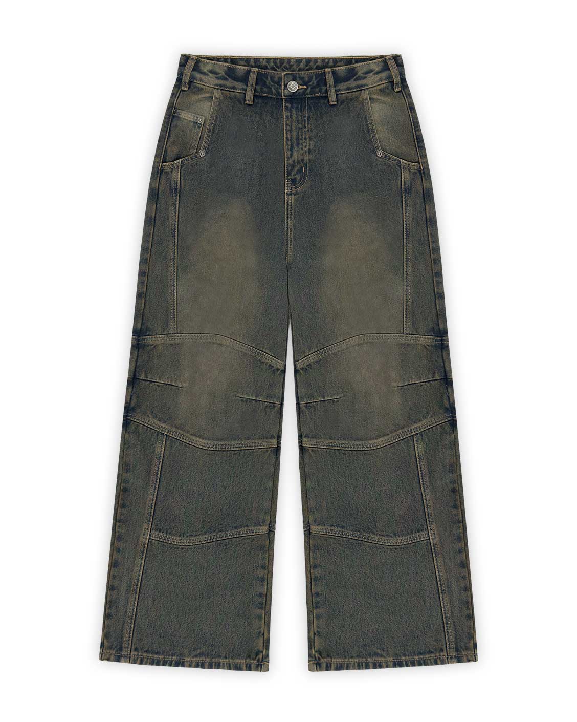 A pair of dark blue denim jeans with a wide fit, featuring a logo leather patch, custom logo button, and rivet details.
