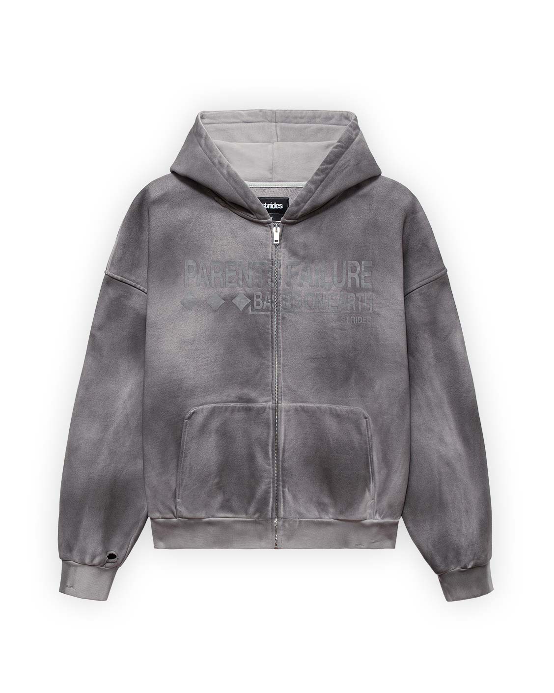 A gray hooded zip Jacket with text on the front, featuring a double layered front pocket and ripped details.