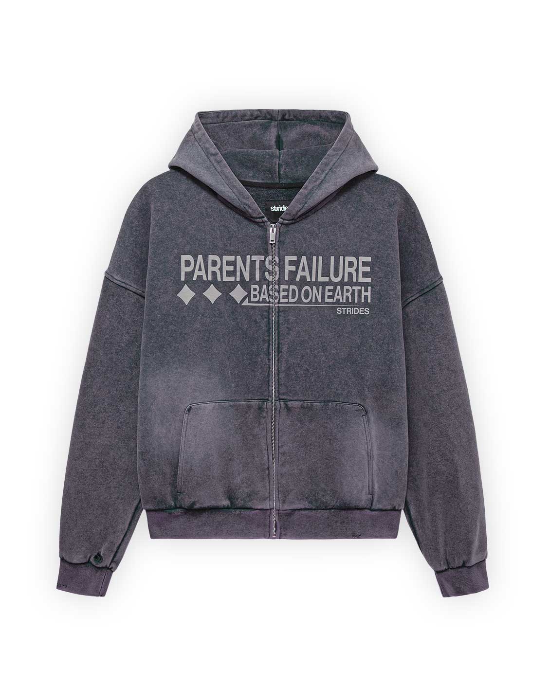 A gray hooded zip hoodie with the text 'PARENTS FAILURE BASED ON EARTH' printed on the front.