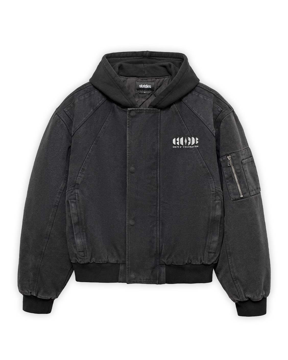A black puffed bomber jacket with logo embroidery, zipper and button closure, zip pockets, and acid wash finish.