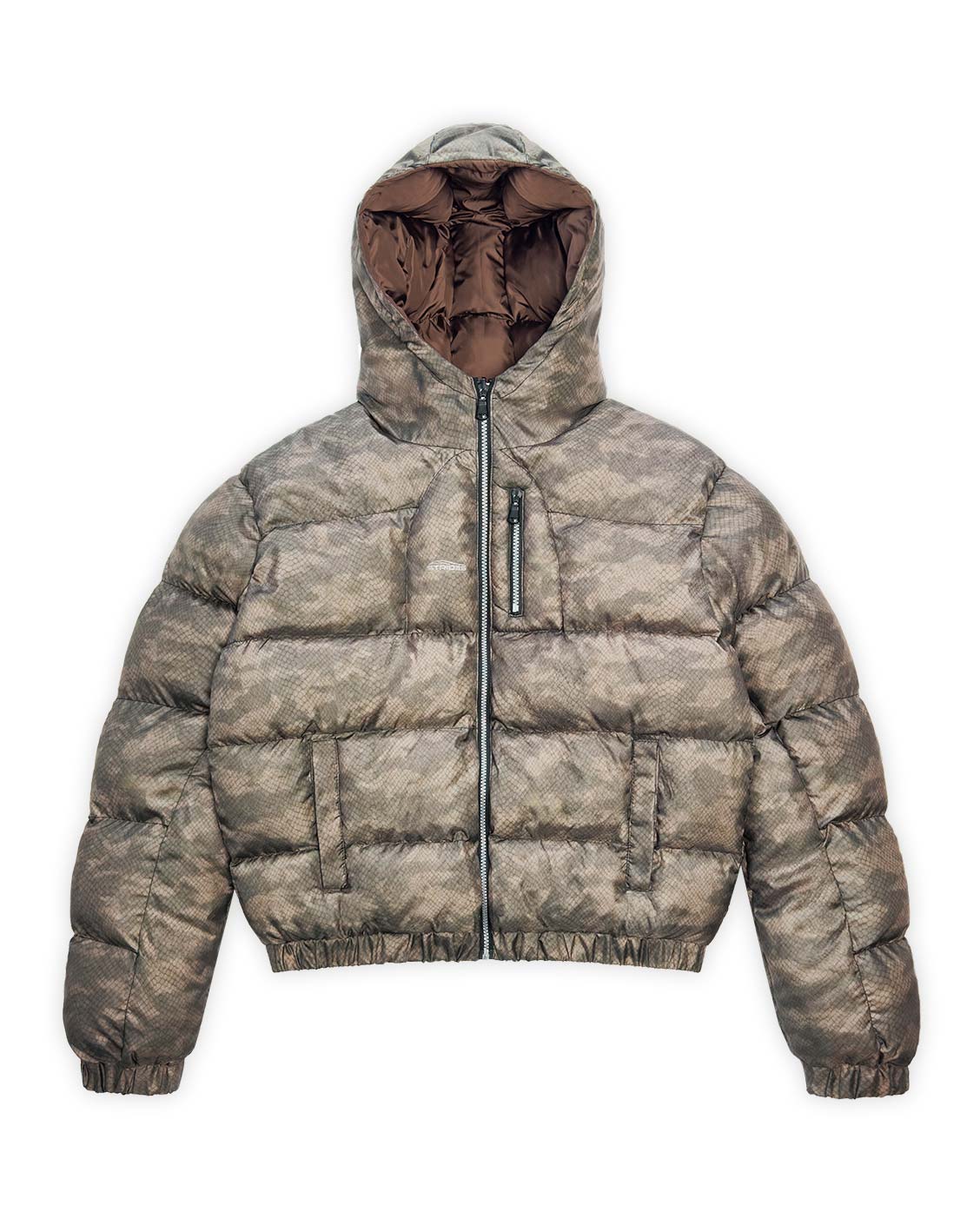 Camouflage puffer jacket with a hood on a white background