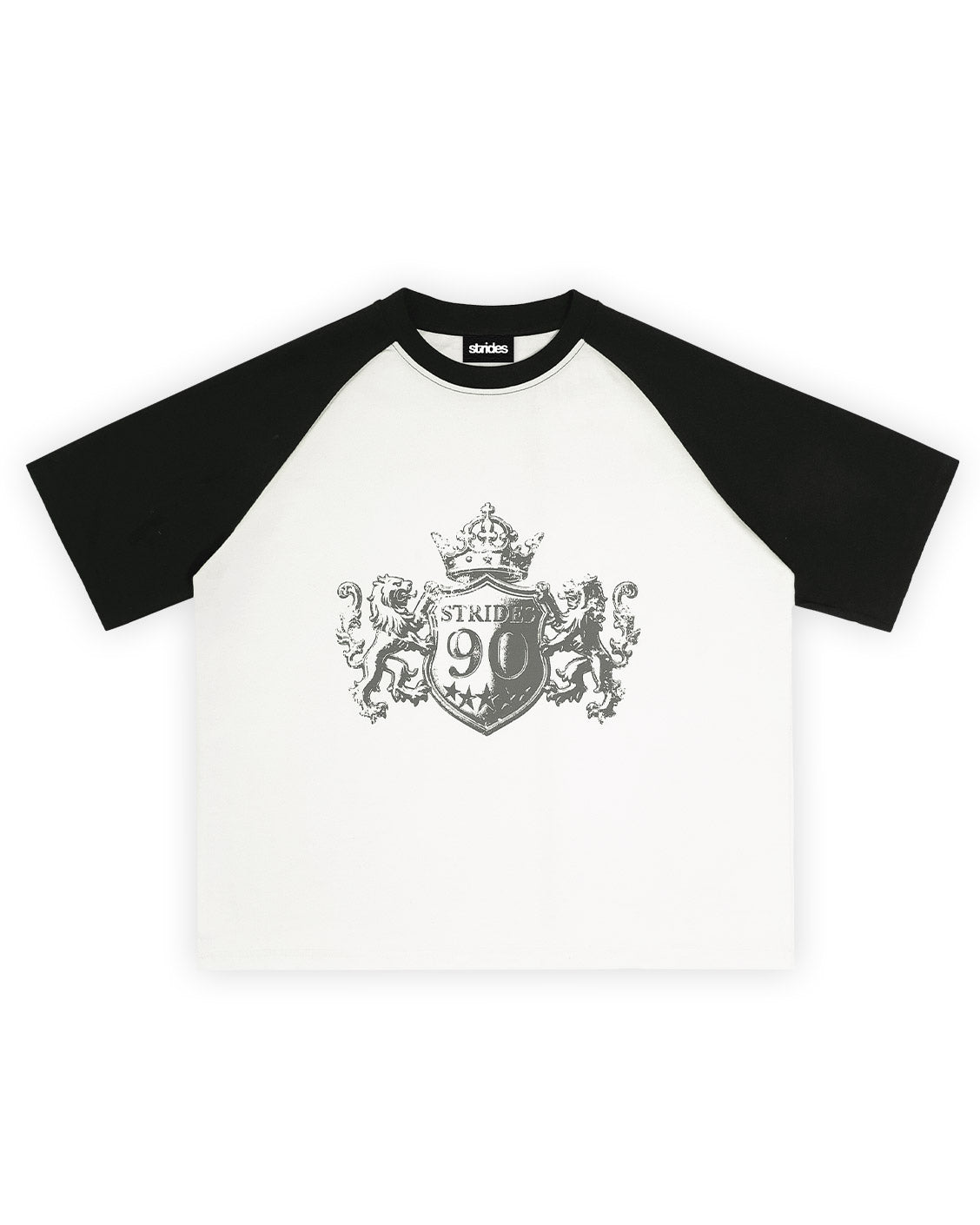 White baseball shirt with black sleeves featuring a crest design on a white background