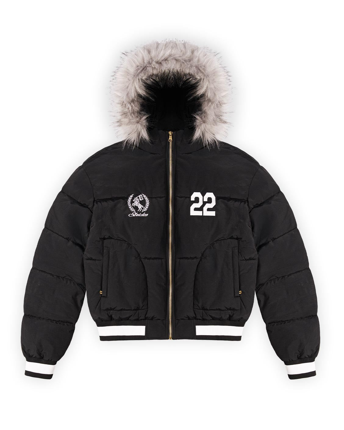 Black puffer jacket with fur hood and number 22 on a white background