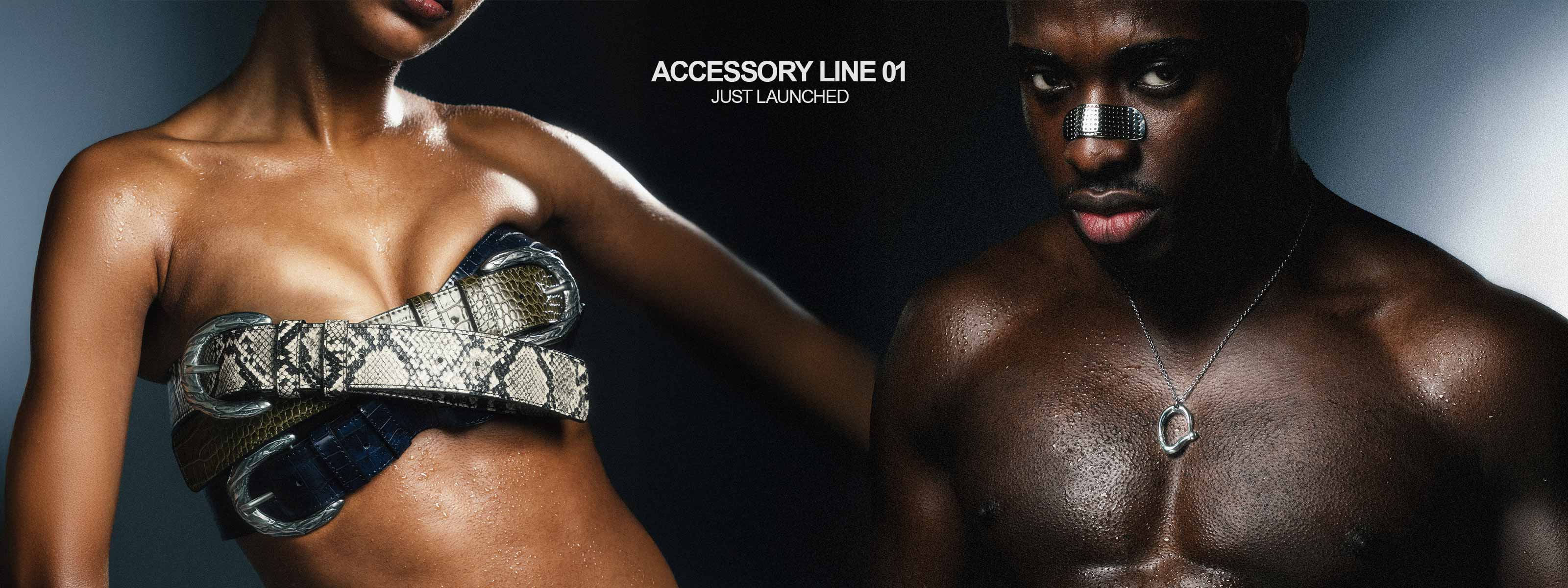 Two people wearing jewelry with text 'Accessory Line 01 Just Launched' on a dark background