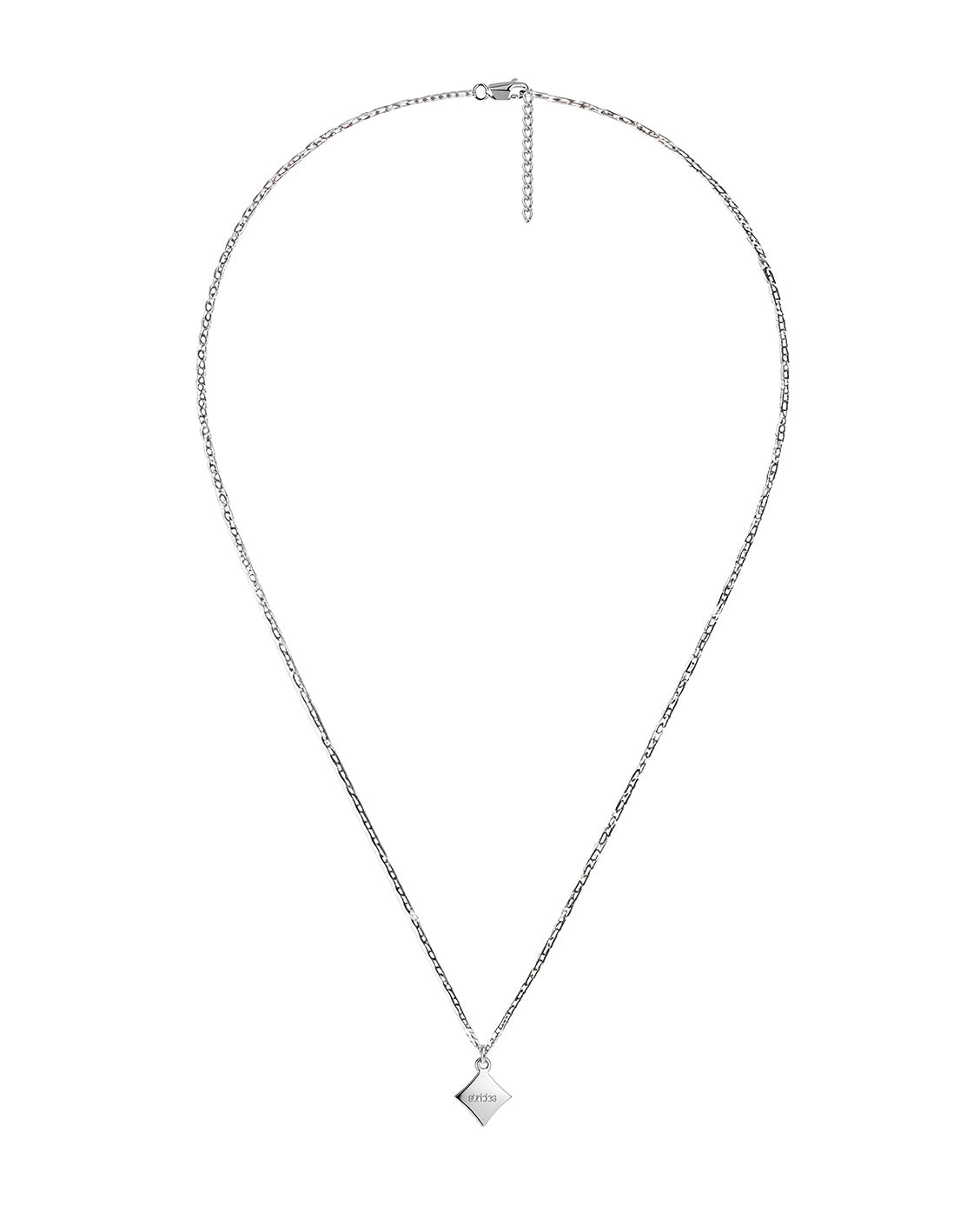 Silver necklace with a triangle pendant on a white background