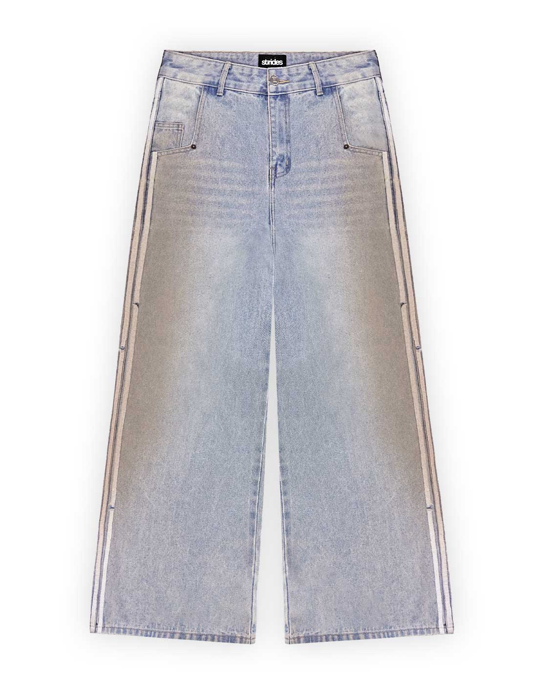 Light blue denim jeans with a washed out effect and stripes of different shades creating a mud wash appearance.