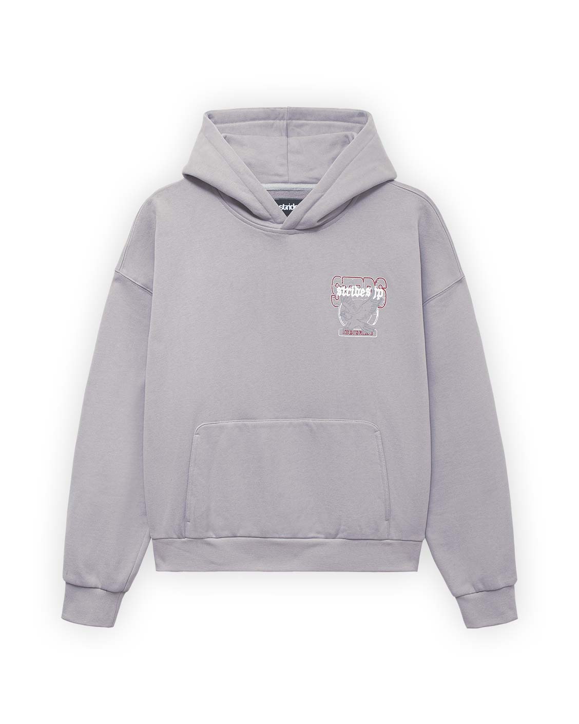 Light grey hoodie with a front pocket, hood, and a small graphic print on the chest area.