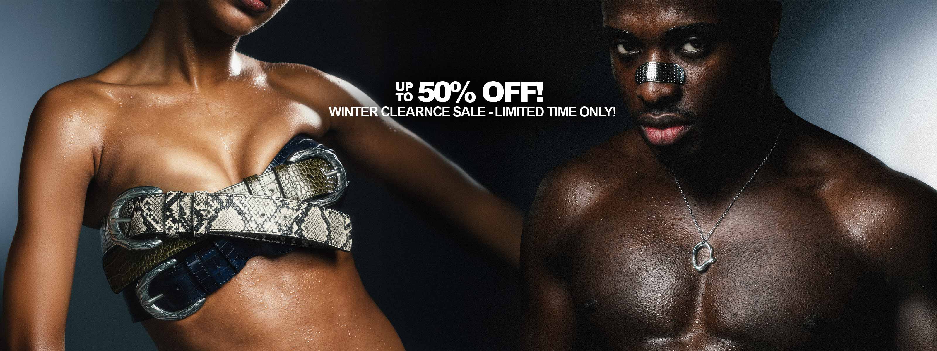 Two people posing against a dark background with promotional text overlay.