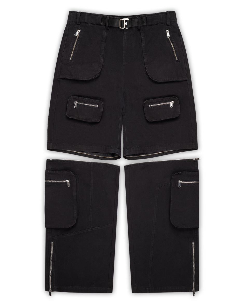 A set of black cargo pants with detachable shorts. The image shows the pants with the shorts attached and separately.