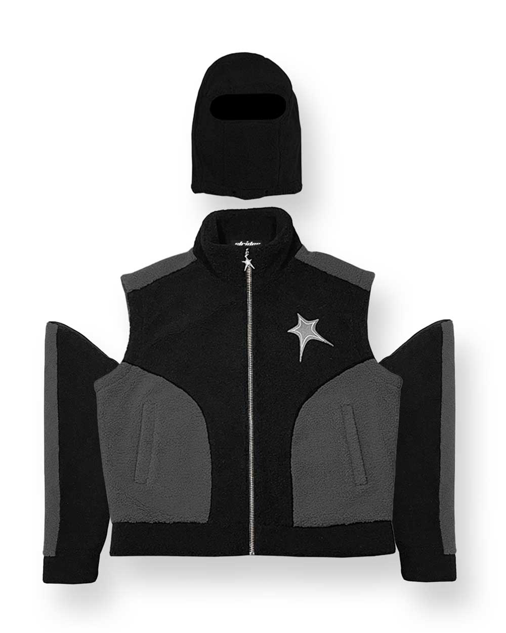 A black fleece jacket with detachable balaclava hood and arms, and a front star embroidery. The jacket is displayed with detachable parts laid out around it.
