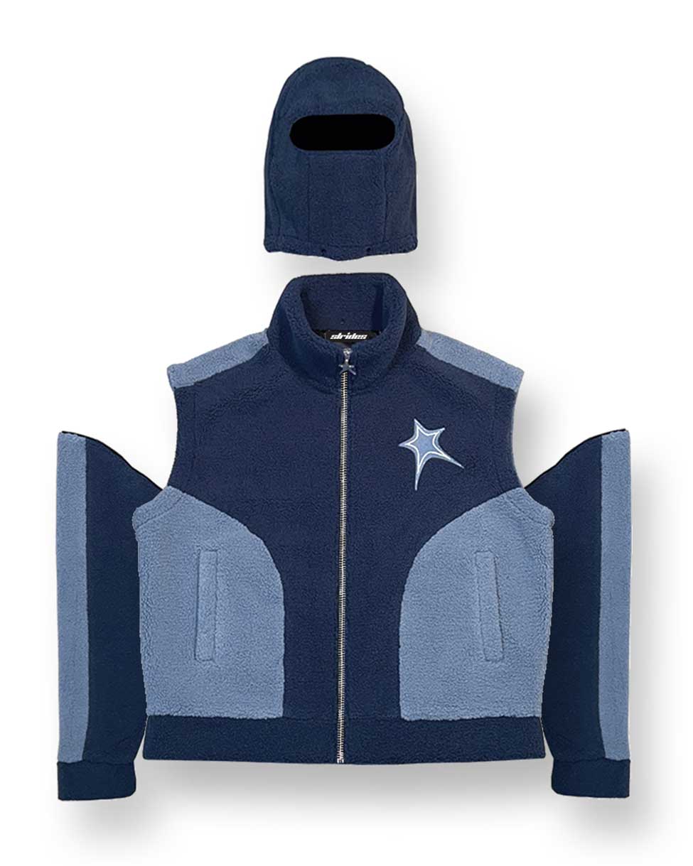 A blue fleece jacket with detachable parts, including a balaclava hood and arms, displayed next to a vest version of the jacket.